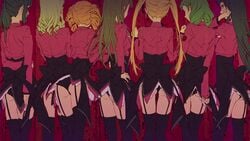 07th_expansion adjusting_hair arm_behind_back asmodeus_(umineko) ass bangs beelzebub_(umineko) belphegor_(umineko) black_hair black_legwear black_panties blazer blonde_hair bow curly_hair drill_hair egawa_satsuki female from_behind garter_straps green_hair hand_on_hip highres hips leviathan_(umineko) long_hair lucifer_(umineko) mammon_(umineko) multiple_females orange_hair panties payot ponytail red_eyes satan_(umineko) stakes_of_purgatory standing thigh_gap thighhighs tied_hair twin_drills twintails umineko_no_naku_koro_ni underwear