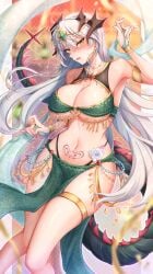 breasts cleavage curvy dancing dragon_girl dragon_horns female_only harem_outfit large_breasts long_hair looking_at_viewer napozouattop navel pelvic_curtain pubic_tattoo solo tail tattoo white_hair yellow_eyes