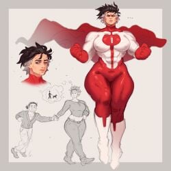 1boy 1girls big_breasts black_hair blue_eyes buff buff_female cape costume debbie_grayson female genderswap_(ftm) genderswap_(mtf) grey_hair hi_res image_comics invincible justrube male mature mature_female muscles muscular muscular_female omni-man omni-woman rube rule_63 superhero_costume superheroine thick_thighs thighs_bigger_than_head two_tone_hair wide_hips