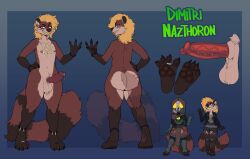 absurd_res anklet anthro armor ass balls beads big_butt bitterfucker1 black_leather_jacket black_nails blonde_hair bodily_fluids bone bone_necklace bottomwear bracelet brown_body brown_fur claws clothing colored_nails digit_ring dimitri_nazthoron ear_piercing ear_ring eldritch_being erection exposed_thighs feet fishnet_clothing fishnet_legwear frenum_piercing fur genital_fluids genital_piercing genitals gloves_(marking) grin hair handpaw herpestid hi_res hindpaw hood jewelry leg_markings legwear long_hair male mammal markings mask model_sheet mongoose nails necklace nipple_piercing nipples nude pants paws penis penis_piercing piercing precum ring ring_piercing skull skull_mask smile smug socks_(marking) solo striped_markings striped_tail stripes tail tail_markings thick_thighs toe_ring toes torn_bottomwear torn_clothing torn_pants vein veiny_penis yellow_eyes