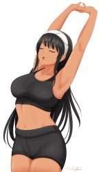 1girls absurdres arms_above_head arms_up artist_signature bangs bare_arms bare_midriff belly big_breasts black_bottomwear black_hair black_topwear breasts brown_skin brown_skinned_female closed_eyes commission commissioner_upload dark-skinned_female dark_skin eyes_closed female female_only fit fit_female hairband hands_above_head hands_up highres human human_only hunie_(series) huniepop kyanna_delrio latina latina_female long_hair midriff navel neolink077 relaxed solo solo_female sports_bra sportswear stomach stretch stretching white_background workout_clothes workout_clothing workout_gear workout_outfit