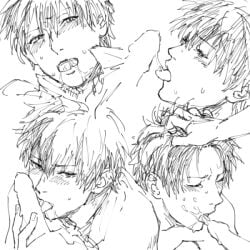 2015 blush censored cum cum_in_mouth cum_on_face ejaculation ejaculation_in_mouth erection face_closeup fellatio gay gintama hair_grab hijikata_toshiro ken_dog licking_penis looking_at_viewer male male_only monochrome multiple_scenes oral penis pretty_boy sketch sketch_page solo_focus sweat yaoi