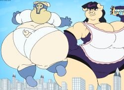 2girls anthro apron ass belly blonde_hair boots breasts city cleavage fat female female_focus female_only flying furry giantess gloves green_eyes hairband hand_on_hip hips large_ass large_breasts macro macro_female overweight overweight_female pig pig_girl porkoughy power_pig purple_hair skyscraper small_city stomach superhero superhero_costume superheroine sus_(pig) thick_thighs thighs virus-20 wide_hips