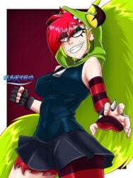 breasts cartoon_network cartoon_network_latin_america_original_productions clothed clothing crazy crazy_female crazy_smile demencia_(villainous) different_eye_color dinosaur_hoodie female female_only green_hair heterochromia hoodie long_hair makino_gallegos red_hair sharp_teeth skirt tagme tank_top villainous zipper