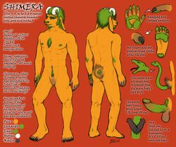 1boy anthro balls beard big chest_tuft chimera claws fangs feline floppy_ear fur furry goat green hindpaw horn human lion male male_only model_sheet muscles nails nipples orange pawpads paws penis plantigrade random shimera snake solo stiff tail text yellowpower