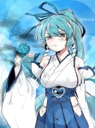 an_sin bare_shoulders blue_hair breasts clothed clothing gloves gushing_over_magical_girls hair hair_ribbon large_breasts long_hair magia_azul mahou_shoujo_ni_akogarete minakami_sayo ponytail red_eyes shrine_maiden sideboob skirt sleeves