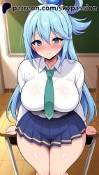 1female 1girls 1woman 2025 2d ai ai_assisted ai_generated anime anime_girl anime_style aqua_(konosuba) arstist_name blue_eyes blue_hair blue_skirt blush breast breast_focus breasts breasts_focus classroom closed_mouth collared_shirt desk english_text female female female female_focus female_only green_necktie hair_between_eyes hair_ornament hair_rings hi_res high_quality high_resolution highres indoors konosuba large_breasts long_hair long_sleeves looking_at_viewer miniskirt necktie on_desk patreon patreon_logo patreon_username pleated_skirt school school_desk school_uniform shirt single_hair_ring sitting skirt skypassion solo stable_diffision thick_thighs thighs watermark white_shirt woman_focus woman_only