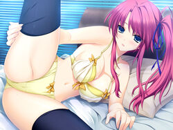 akatsuki_works_hibiki amagase_yuuki black_legwear black_thighhighs blue_eyes blush bra breasts game_cg hair_ornament iizuki_tasuku lingerie long_hair lovely_x_cation navel panties picot_trim picot_trim_bra pink_hair side_ponytail thighhighs underwear underwear_only yellow_bra yellow_panties