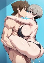 1boy 1girls ai_generated big_ass big_breasts big_penis black_bikini brown_eyes brown_hair crossover cum high_school_dxd hyoudou_issei kissing rampage0118_(style) uzaki-chan_wa_asobitai! uzaki_hana