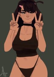 1girls aeonskii bangs bra choker clothing female_only looking_at_viewer medium_breasts medium_hair peace_sign tan_body thong