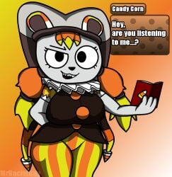 1girls 2d artist_name bear bear_girl big_ass big_breasts candy_corn_(flavor_frenzy) clothed female_only flavor_frenzy furry furry_female jester mrracistguy reading roblox roblox_game self_upload tagme text_box watermark