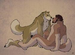 anthro beard canine cbh eye_contact flaccid fur furry gay goatee hair looking_at_another male nude penis plain_background sitting