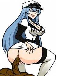 akame_ga_kill! big_ass big_breasts big_butt big_lips big_thighs blue_eyes blue_hair cap esdeath_(akame_ga_kill!) hands_on_ass headwear looking_at_viewer scat scat shit shitting smug_face total_drama_(series) total_drama_island