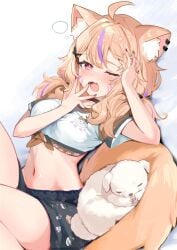 1girls a_sussy_guy ahoge animal_ear_fluff animal_ears bangs black_shorts blonde_hair blush breasts cat_ears choker crop_top dog earrings female hair_ornament long_hair looking_at_viewer midriff multicolored_hair nail_polish navel one_eye_closed open_mouth red_eyes s_guy shirt short_shorts short_sleeves shorts smile solo squchan_(vtuber) streaked_hair tail tied_shirt vyugen white_shirt yawn
