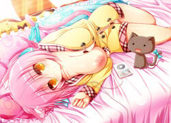 animal animal_ears bed blush breast_slip breasts cat_ears cat_tail digital_media_player feline female highres ipod looking_at_viewer lying nipples no_panties one_breast_out open_clothes open_shirt pink_hair pussy shia_flatpaddy shirt smile solo syroh tail uncensored yellow_eyes