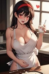 1girls abs ai_generated apron apron_only big_breasts black_hair blush blush_lines breasts completely_nude curvy_body curvy_female curvy_figure dh_lucky glass kitchen long_hair milk milk_bottle naked_apron solo solo_female spy_x_family steam steaming_body yor_briar yor_forger