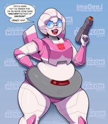 arcee buckteeth chubby chubby_female convention cosplay female ginger_hair glasses imadeej latex makeup muffin_top nerdy_female overweight red_hair skintight speech_bubble thick_thighs toy_gun transformers virginia_applebaum_(imadeej)