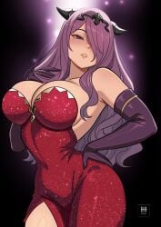 1girls camilla_(fire_emblem) dress fire_emblem fire_emblem_fates hair_over_one_eye hand_on_hip ihsnet large_breasts looking_at_viewer nintendo purple_eyes purple_hair red_dress thick_thighs thighs wide_hips