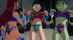 ai_assisted beast_boy bikini briefs dc dc_comics dick_grayson embarrassed embarrassed_underwear_male embarrassing embarrassing_outfit female femdom male robin_(dc) robin_(dick_grayson) robin_(teen_titans) starfire teen_titans underwear undieboi22