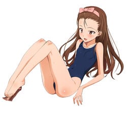 :d a1 ass bangs barefoot blush body_blush bow brown_eyes brown_hair erect_nipples feet flat_chest footjob hairband hairbow happy_sex highres idolmaster leaning_back legs legs_up long_hair magic_penis minase_iori navel one-piece_swimsuit open_mouth penis profile reclining school_swimsuit simple_background sitting smile swimsuit uncensored wet white_background