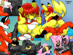 2011 big_breasts breasts canine dialogue english_text female fox fur furgeta furry_ears furry_tail hair male nintendo penis pikachu pink_hair pokemon pussy red_eyes sex straight tail text umbreon