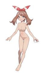 :d absurdres bad_source bare_arms bare_legs bare_shoulders barefoot blue_eyes blush bow_hairband breasts brown_hair censored collarbone completely_nude female female_pubic_hair full_body hair_ribbon hairband highres holding holding_poke_ball kiritzugu looking_at_viewer may_(pokemon) medium_breasts medium_hair navel nipples nude nude_filter open_mouth outline poke_ball poke_ball_(basic) pokemon pokemon_oras pubic_hair pussy red_hairband red_ribbon ribbon sidelocks simple_background smile solo standing teeth thigh_gap third-party_edit toes upper_teeth_only white_background