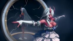 akumi bare_shoulders breasts cleavage demon_girl dress female fingernails horns large_breasts long_hair oni oni_horns red_skin vyugen white_hair yellow_eyes