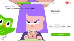 1boy blowjob cum cum_in_mouth cum_in_throat cum_inside duolingo female gigalleta goth goth_girl irrumatio lily_(duolingo) purple_hair straight teaching tears