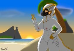 absurd_res anthro beach breasts exposed_breasts female fluffy fur genitals hair hi_res juno_(my_furry_protogen) machine my_furry_protogen nude nude_anthro nude_female protogen protogen_face protogen_visor solo spaceg3n sunset tail tuft
