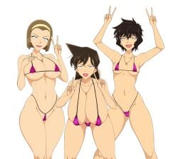 3girls big_breasts bikini detective_conan huge_breasts masumi_sera micro_bikini peace_sign ran_mouri sihkygmojsn small_breasts sonoko_suzuki