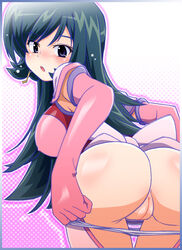 1girls anime_nose ass bent_over big_ass blue_hair breasts dat_ass elbow_gloves erect_nipples fat_mons female female_only from_behind gloves human kotona_elegance large_breasts light-skinned_female light_skin long_hair looking_back panties panty_pull pussy ryuu_ryuu shirt solo standing uncensored underwear undressing wide_hips zoids zoids_genesis