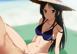 bikini black_hair bottomless censored female hat human human_only k-on! kaiga long_hair male mio_akiyama_(k-on!) navel pubic_hair sex straight swimsuit