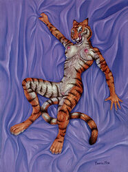 anthro black_stripes breasts feline female fur furry orange purple_background pussy tail taurin_fox tiger tongue tongue_out white_fur