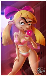 14-bis 1girls 2018 bathroom blonde blonde_hair bow bra breasts cleavage ear_piercing earrings female hair hairbow helga_pataki hey_arnold! human human_only nickelodeon panties pink_bra pink_panties pink_underwear selfie smartphone smile solo teen teenager underwear unibrow