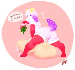 anthro ass balls big_balls caprine christmas clothed clothing crossdressing cum cum_drip dripping erection goat holidays huge_balls humanoid_penis hyper hyper_balls hyper_penis legwear male male_only mammal penis smile smolrainbowgoat solo thigh_highs uncut vein