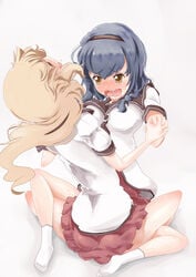 2girls blonde_hair blue_hair blush braid brown_eyes brown_hair closed_eyes clothed_sex clothing female furutani_himawari hairband hand_holding highres holding_hands leaning_back long_hair multiple_girls okoko1986 oomuro_sakurako saliva school_uniform sex short_hair socks tear tied_hair tribadism twin_braids twintails yuri yuru_yuri