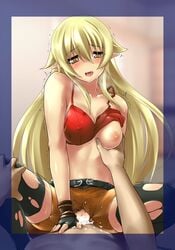 assertive bare_shoulders black_legwear blonde_hair blush border breast_grab breast_slip breasts censored clothed_sex collarbone cowgirl_position fingerless_gloves gloves happy_sex k2isu long_hair nipples one_breast_out open_mouth pointy_ears saliva sex shorts soukou_akki_muramasa straddle sweat thighhighs torn_clothes torn_thighhighs trembling vaginal_penetration yellow_eyes