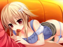 brown_hair butterfly_hair_ornament censored fellatio game_cg hair kamishima_kaede makita_maki masturbation mecha-con! oral penis pussy_juice red_eyes