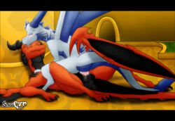 black blue blush cowgirl_position cum cynder-the-dragon dragon female feral horn male penis pussy red scalie sex wings