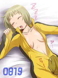 blonde_hair breasts bruce_lee's_jumpsuit female highres huang_baoling pointy_chin short_hair sleeping tiger_&_bunny