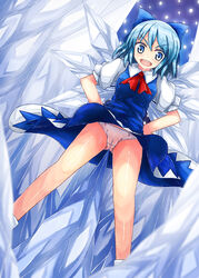 blue_eyes blue_hair bow cameltoe cirno dress fairy hands_on_hips highres pantyshot ribbon spike touhou upskirt wings