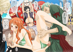 2girls 4boys barefoot bikini black_hair blonde_hair blue_eyes blue_hair blue_shirt breasts brook_(one_piece) brown_eyes caressing_testicles censored cum cyborg everyone eyewear_on_head facial_hair female franky_(one_piece) goatee green_hair group group_sex haramaki human long_hair male multiple_boys multiple_girls nami nami_(one_piece) nico_robin one_piece oral orange_hair penis post-timeskip robe roronoa_zoro sash sex ship skeleton straight striped_bikini sunglasses sunglasses_on_head swimsuit testicles thousand_sunny threesome tigusa translation_request vaginal_penetration vinsmoke_sanji