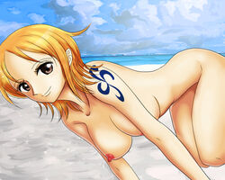 asymmetrical_breasts beach breasts brown_eyes female female_only nami nipples nude one_piece orange_hair pre-timeskip smile tansoku102cm tattoo undressing