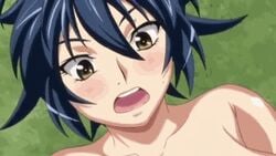 animated blue_hair blush bounce bouncing_breasts breast_grab breasts erect_nipples female forced_exposure hoods_entertainment huge_breasts manyuu_chifusa manyuu_hikenchou multiple_boys nipples open_mouth sweat yellow_eyes