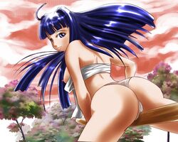 aoyama_motoko ass black_hair bokken chest_wrap chest_wraps female looking_back looking_over_shoulder love_hina masturbation nipple_slip nipples panties purple_eyes underwear