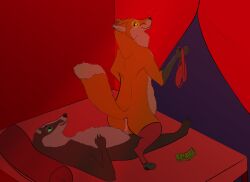 animal_genitalia animal_penis anthro badger bed black_body black_fur canid canine charlie_(toothyfops) clothing duo ear_piercing fox fur furniture genitals hi_res jockstrap leggings legwear male male/male mammal mustelid mustelid_penis musteline nonbinary_(lore) orange_body orange_fur penis piercing prostitution strip_club toothyfops underwear