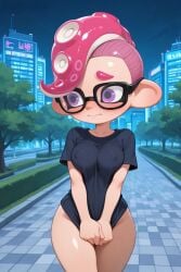 ai_generated black_clothing black_shirt black_t-shirt black_topwear blush bottomless breasts cephalopod city city_background clothed clothing covering covering_crotch eyewear female glasses hair humanoid marine mollusk nintendo nipple_outline octarian octoling pink_hair plant pseudo_hair purple_eyes shirt solo splatoon t-shirt topwear tree