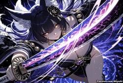 1girl ai_assisted ai_generated animal_ears azur_lane bangs black_hair breasts cleavage closed_mouth curvaceous curvy curvy_female curvy_figure detached_sleeves eyebrows_visible_through_hair female flower fox_ears glint hair_flower hair_ornament holding holding_sword holding_weapon katana large_breasts long_hair looking_at_viewer miyuai musashi_(azur_lane) solo sword thick thick_ass thick_butt thick_hips thick_legs thick_thighs voluptuous voluptuous_female weapon wide_hips wide_thighs yellow_eyes