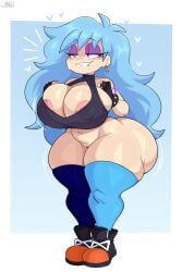 ai_generated bare_hips big_ass big_breast blue_thighhighs busty chubby chubby_female female female_focus female_only fingerless_gloves friday_night_funkin friday_night_funkin_mod gray_halter_top long_hair long_hair, mismatched_thighhighs pussy skyblue skyblue_(friday_night_funkin) skyblue_hair skyblue_thighhighs skyverse stomach tall_girl thick_thight