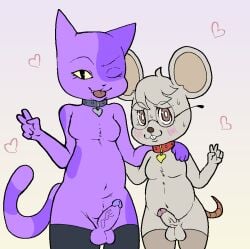 alekoin animal_crossing anthro balls blus bob_(animal_crossing) choker collar domestic_cat duo eyewear felid feline felis femboy fur genitals glasses heart_symbol jewelry male male/male mammal mouse murid murine navel necklace nintendo penis purple_body purple_fur rodent slightly_chubby thick_thighs white_body white_fur wide_hips
